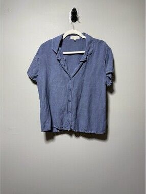 Side Stitch Women Blue Linen Blend Button Up Shirt S Coastal Minimalist Beach